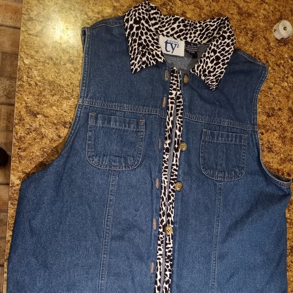 Denim Blue Vest with Leopard Print Collar, S, Sri - Picture 3 of 12